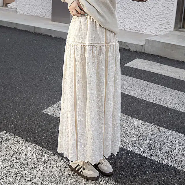 丝柏舍 花边高腰宽松花朵刺绣休闲长裙 女款 杏色