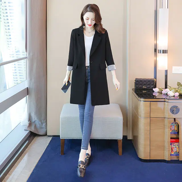 丝柏舍 中长款修身纯色外套气质显瘦一粒扣西装 女款 黑色