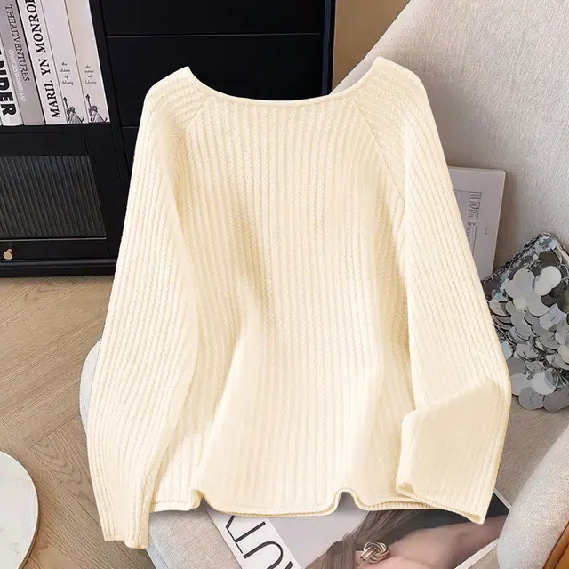 她池 优雅气质镂空设计纯色圆领套头插肩长袖毛衣 女款