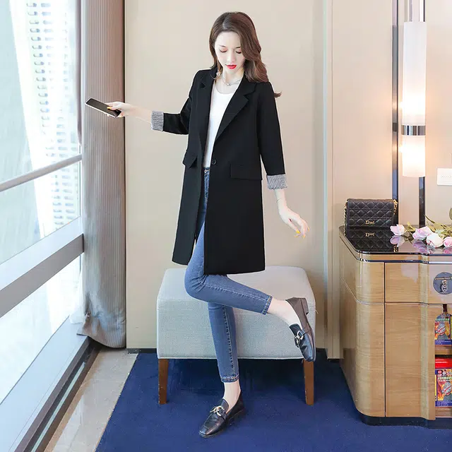 丝柏舍 中长款修身纯色外套气质显瘦一粒扣西装 女款 黑色