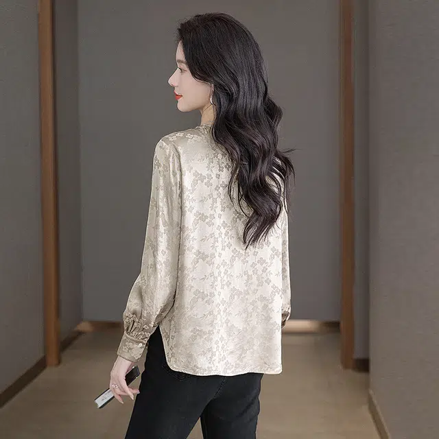 丝柏舍 圆领拼色花朵气质复古单排扣简约长袖衬衫 女款