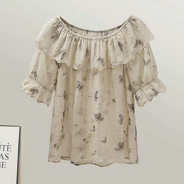 丝柏舍 撞色蝴蝶图案宽松款短款荷叶边拼接圆领气质短袖衬衫 女款