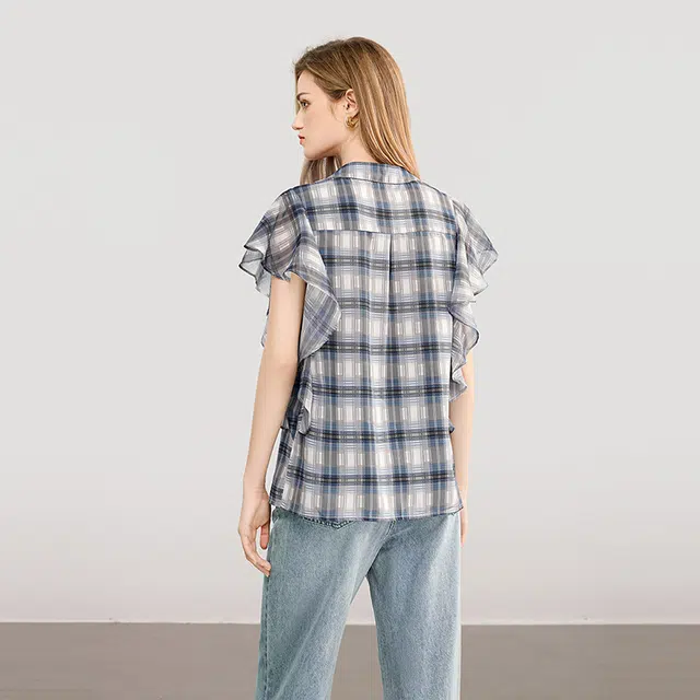她池 学院风拼接衬衣荷叶边格子短袖衬衫 女款
