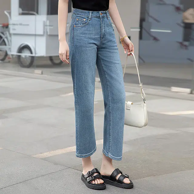 丝柏舍 高腰直筒九分水洗简约时尚牛仔裤 女款 浅蓝色