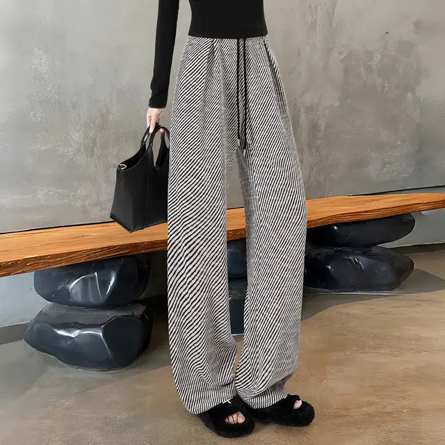 她池 通勤简约撞色条纹抽绳松紧腰长款休闲裤 女款 黑白斜纹