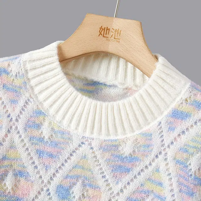 她池 甜美宽松圆领撞色落肩长袖套头上衣毛衣 女款