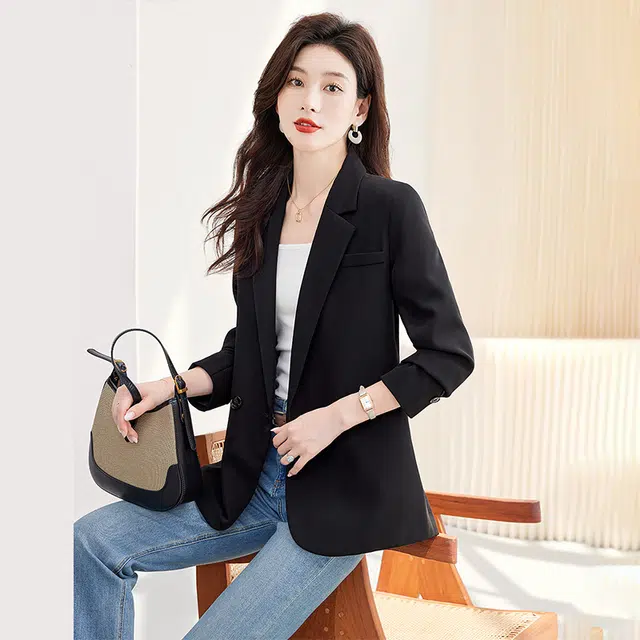 丝柏舍 后背开叉设计气质西服外套修身通勤休闲双排扣纯色长袖西装 女款 黑色