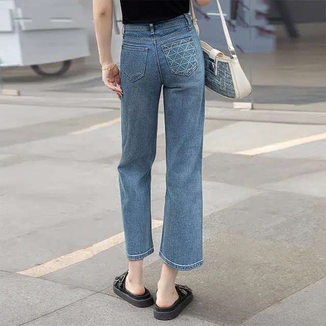 丝柏舍 高腰直筒九分水洗简约时尚牛仔裤 女款 浅蓝色