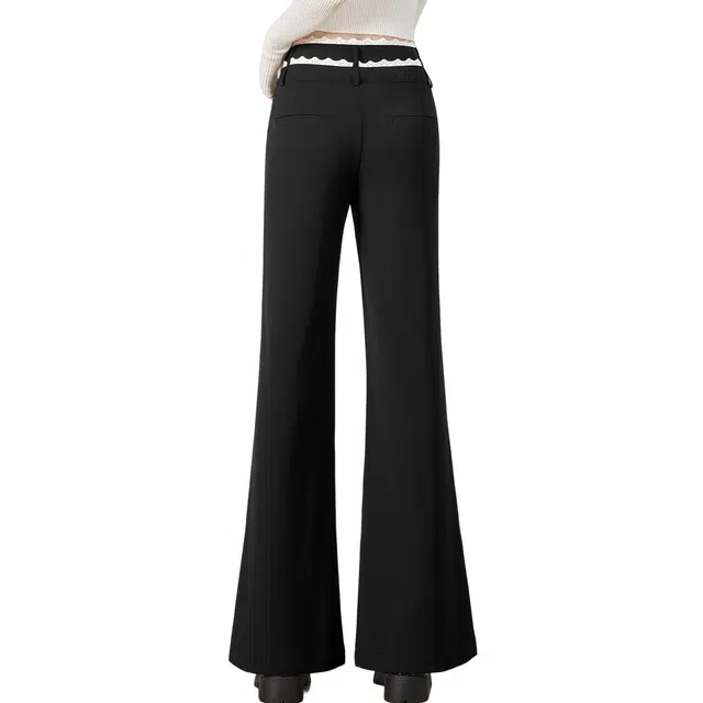 她池 设计感撞色蕾丝边高腰长款微喇休闲裤 女款