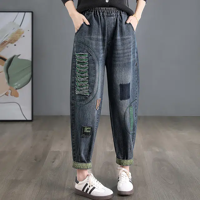 丝柏舍 复古毛边设计撞色拼接做旧水洗宽松九分牛仔裤 女款 深蓝拼绿