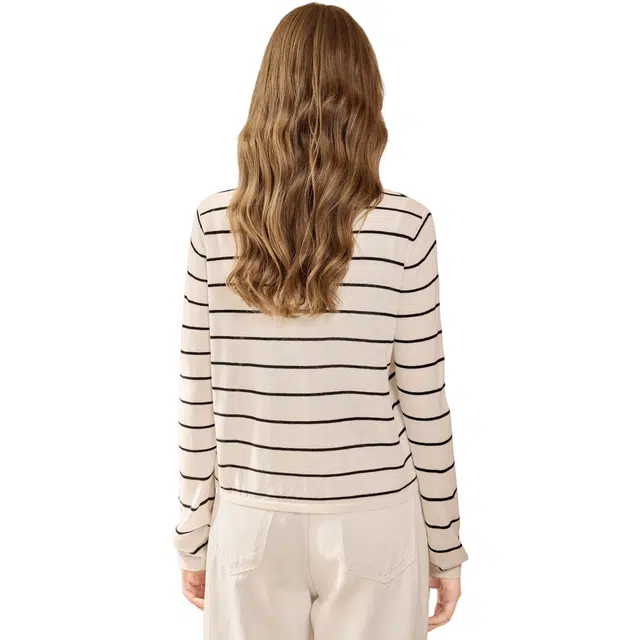 她池 学院风圆领条纹单排扣撞色爱心减龄短款长袖针织衫 女款 白底黑条