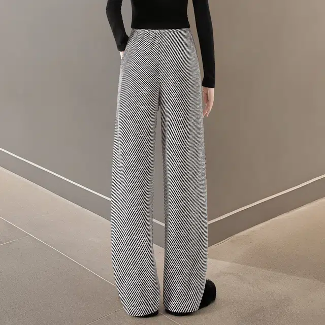 她池 通勤简约撞色条纹抽绳松紧腰长款休闲裤 女款 黑白斜纹