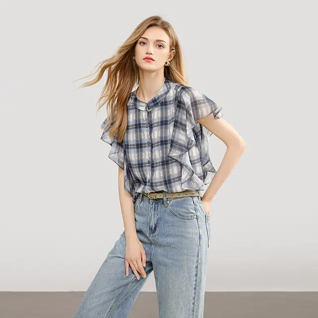 她池 学院风拼接衬衣荷叶边格子短袖衬衫 女款