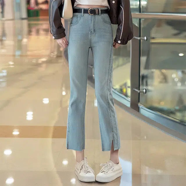 丝柏舍 修身直筒水洗开叉九分口袋高腰简约牛仔裤 女款 浅蓝色