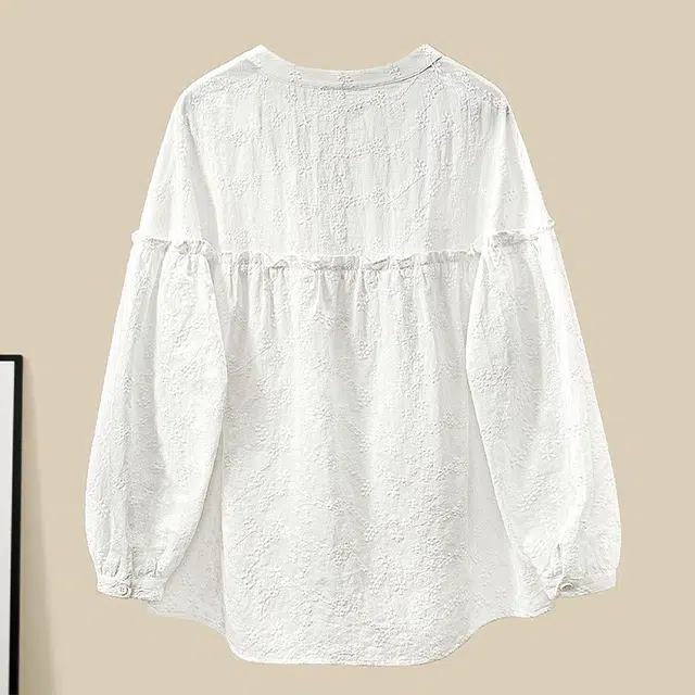 她池 法式优雅木耳边宽松灯笼袖长袖衬衫 女款 白色