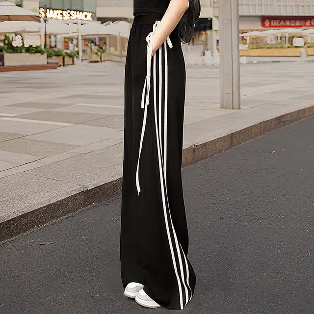 丝柏舍 宽松长款撞色条纹系带运动风阔腿简约高腰休闲裤 女款 黑色