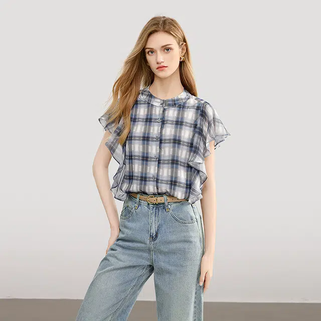 她池 学院风拼接衬衣荷叶边格子短袖衬衫 女款