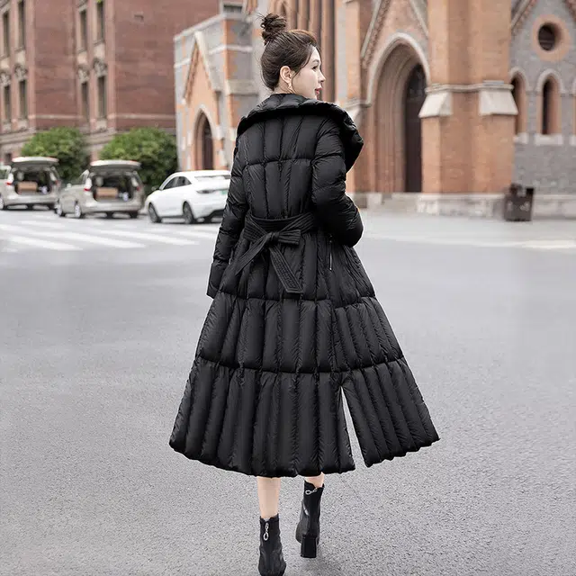 丝柏舍 纯色简约翻领中长款休闲保暖羽绒服 女款 黑色