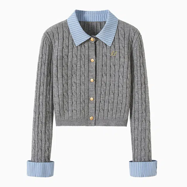 她池 撞色条纹翻领单排扣文艺学院风长袖针织衫 女款