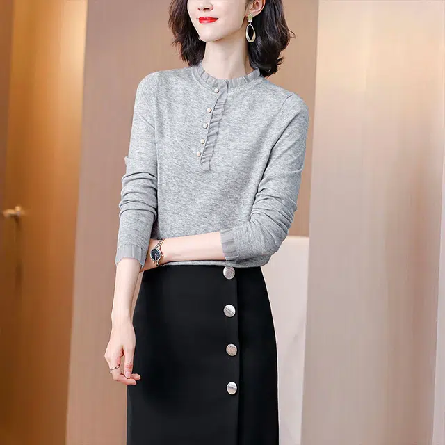 丝柏舍 纯色网纱拼接木耳边长袖套头针织衫 女款