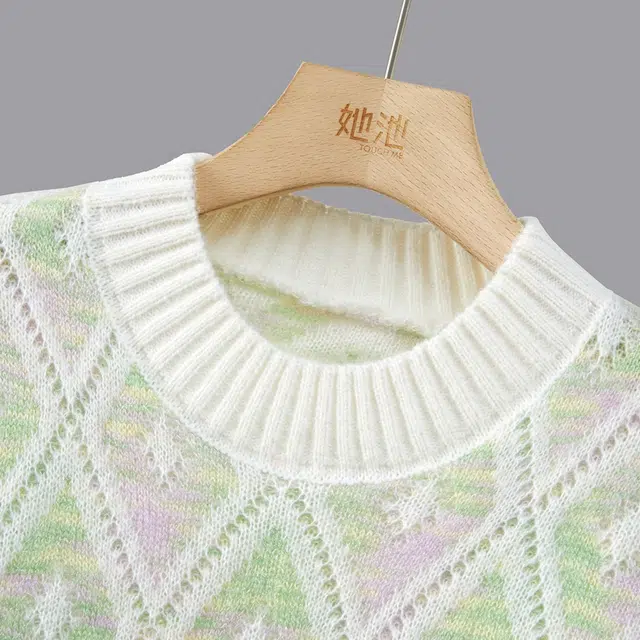 她池 甜美宽松圆领撞色落肩长袖套头上衣毛衣 女款