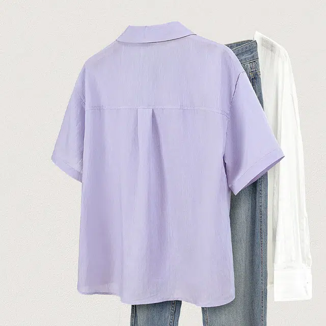 她池 翻领短款简约休闲衬衣文艺风宽松短袖衬衫 女款