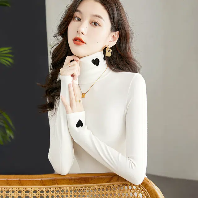 丝柏舍 高领修身显瘦打底衫简约撞色爱心图案长袖针织衫 女款