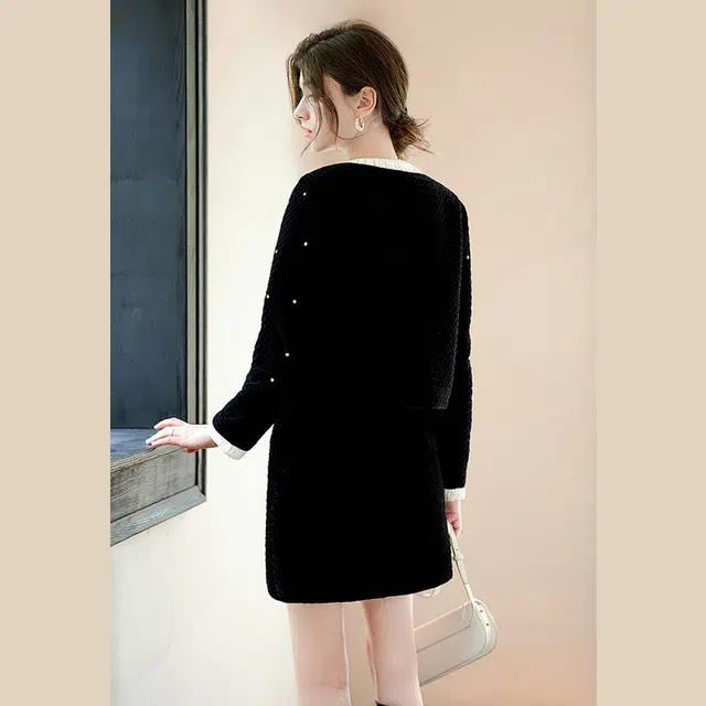 她池 时尚小香风长袖舒适简约气质半身裙裙装套装 女款 黑色