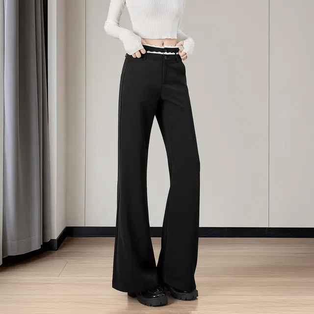 她池 设计感撞色蕾丝边高腰长款微喇休闲裤 女款