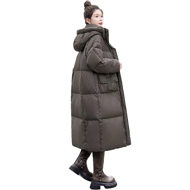 丝柏舍 纯色百搭长款连帽简约休闲羽绒服 女款 灰咖色