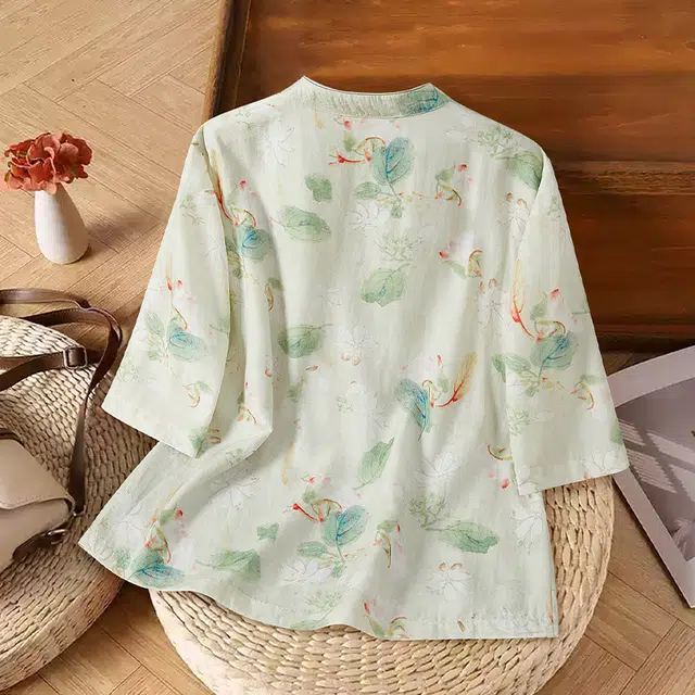 她池 复古国风宽松短袖衬衫 女款 青米色