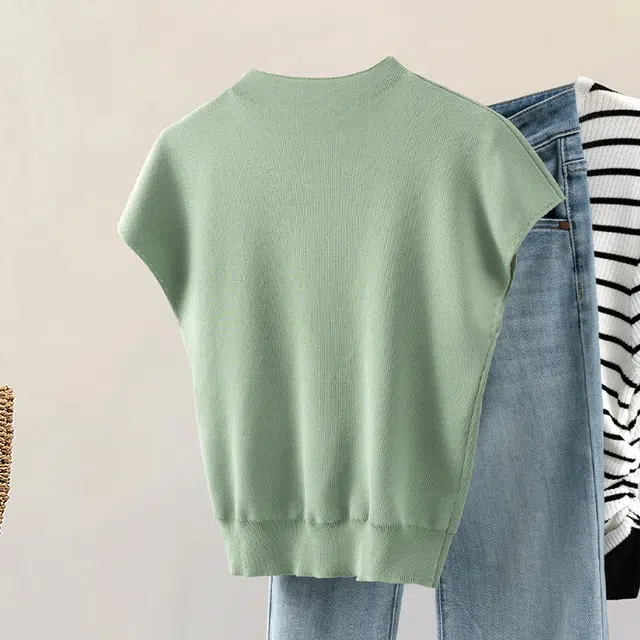 她池 气质圆领简约小清新薄款短袖针织衫 女款 绿色