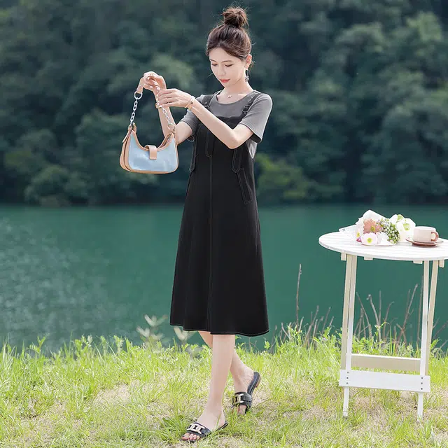 丝柏舍 假两件拼接拼色简约修身短袖连衣裙 女款 上浅灰下黑