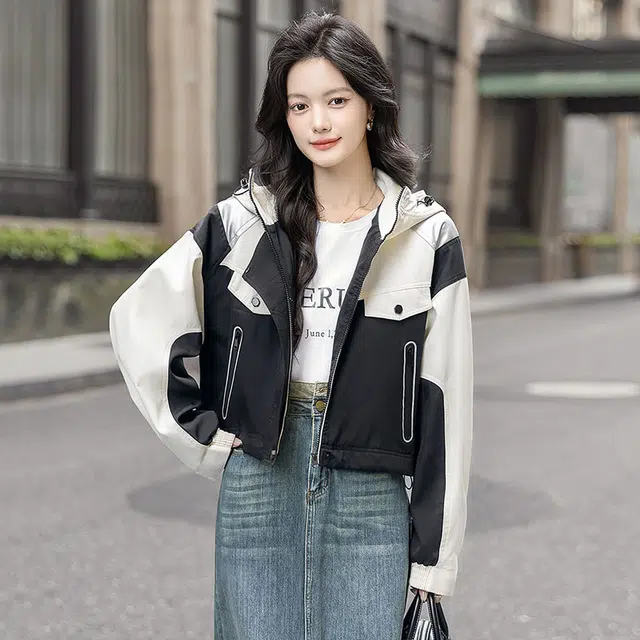丝柏舍 设计感连帽宽松休闲夹克外套 女款 黑白拼色