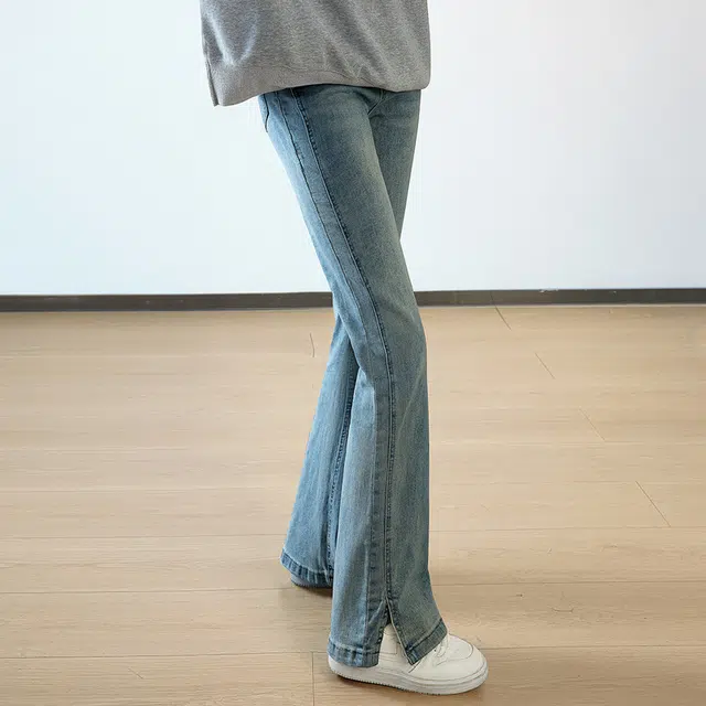 丝柏舍 水洗高腰垂感开叉微喇牛仔裤 女款 浅蓝色