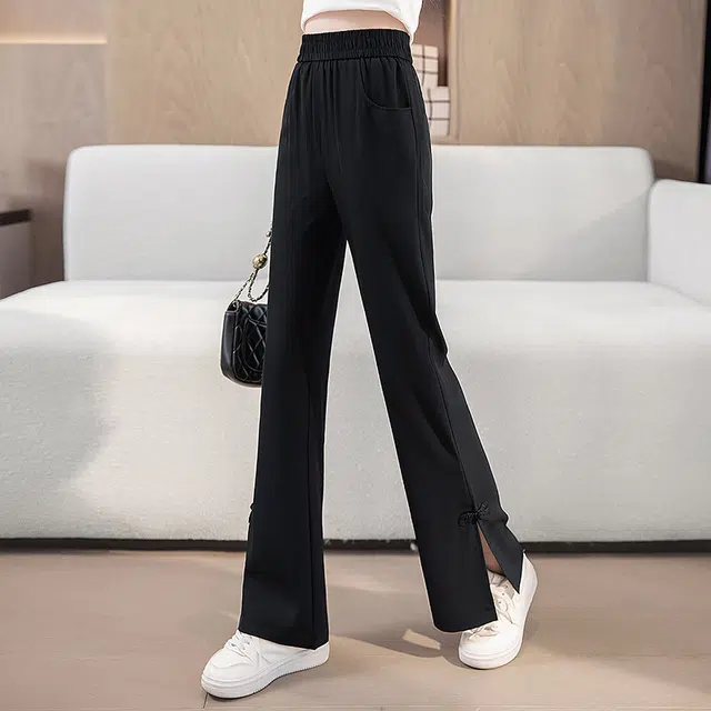 丝柏舍 开叉盘扣装饰纯色松紧高腰微喇长款修身休闲裤 女款 黑色