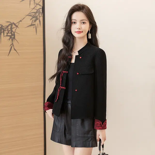 丝柏舍 新中式拼接短款立领简约舒适截短外套 女款 黑色