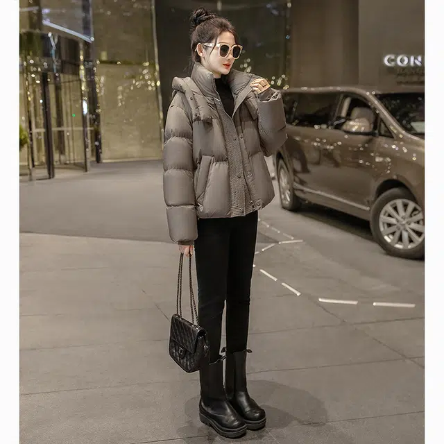 丝柏舍 短款连帽纯色宽松保暖简约长袖棉服 女款 深咖色