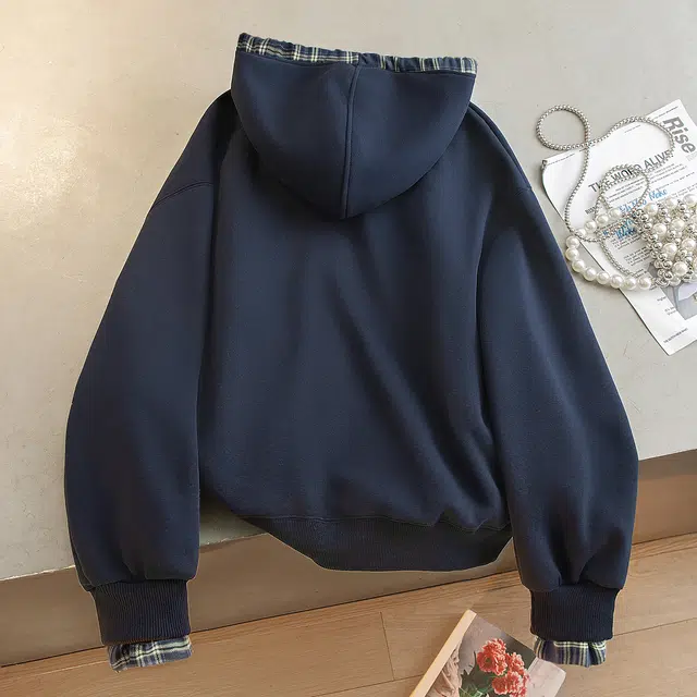 丝柏舍 撞色格纹拼接抽绳连帽套头宽松款休闲时髦落肩长袖卫衣 女款