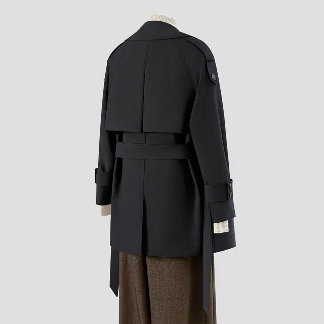 她池 英伦风外套翻领双排扣纯色中长款插肩长袖风衣 女款