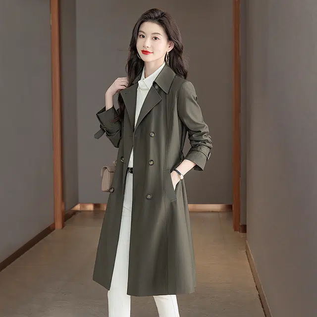 丝柏舍 翻领中长款宽松双排扣英伦风纯色休闲长袖风衣 女款 军绿色