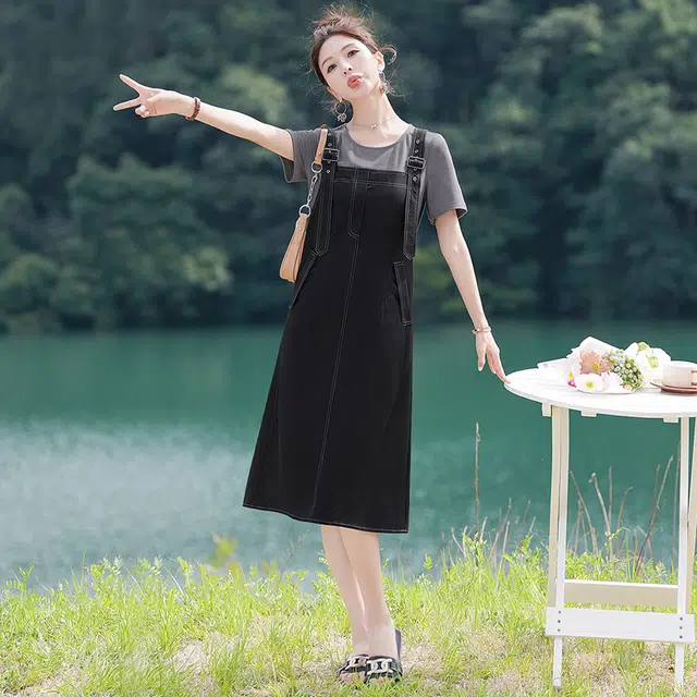 丝柏舍 假两件拼接拼色简约修身短袖连衣裙 女款 上浅灰下黑