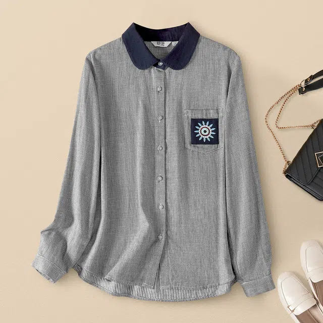 她池 撞色翻领单排扣复古格纹宽松款长袖衬衫 女款 千鸟格