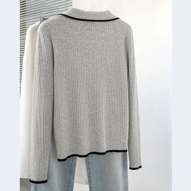 丝柏舍 撞色翻领套头短款修身通勤简约气质正肩长袖针织衫 女款