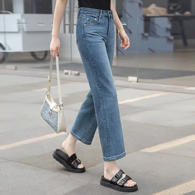 丝柏舍 高腰直筒九分水洗简约时尚牛仔裤 女款 浅蓝色