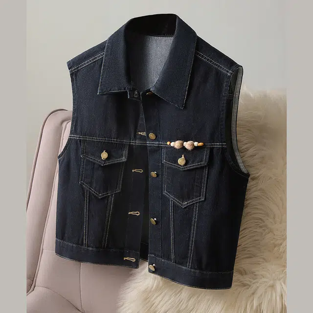 丝柏舍 宽松款翻领单排扣水洗短款叠穿串珠装饰撞色牛仔马甲 女款