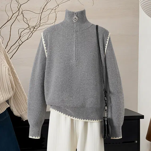 她池 高领套头慵懒风设计感撞色半拉链宽松款休闲短款长袖毛衣 女款