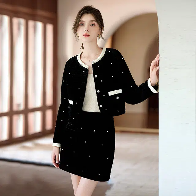 她池 时尚小香风长袖舒适简约气质半身裙裙装套装 女款 黑色