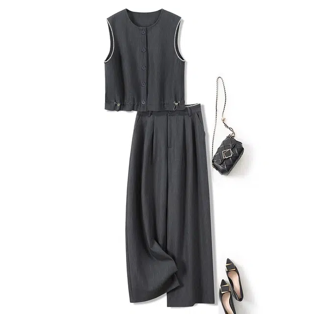 她池 圆领单排扣马夹搭阔腿高腰裤休闲套装 女款