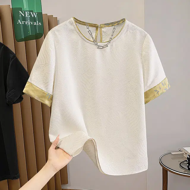 她池 圆领短袖提花拼接新中式衬衫 女款